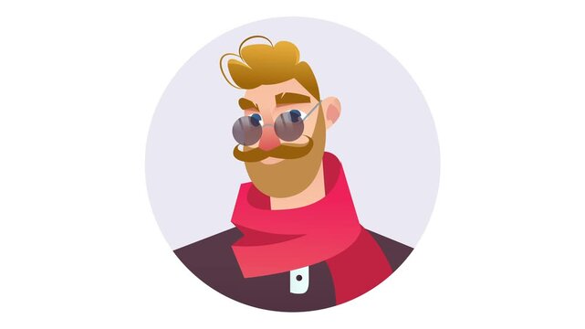 Animated hipster man avatar with sunglasses, beard and red scarf