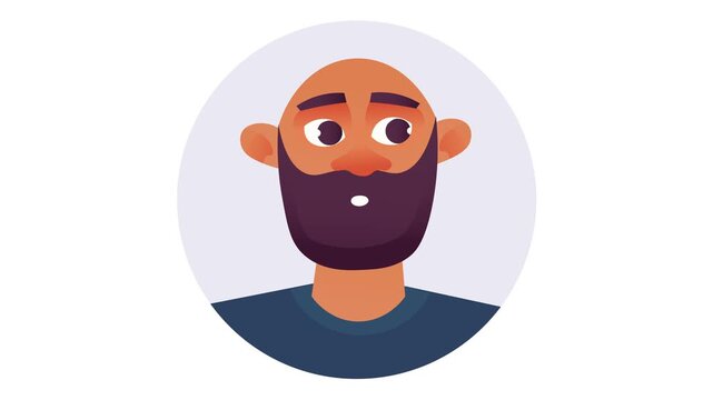 Animated flat vector avatar of bald bearded man with surprised expression