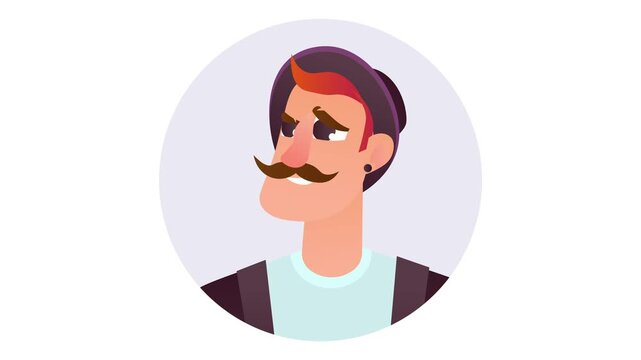Stylized animated hipster man portrait with mustache in circular frame