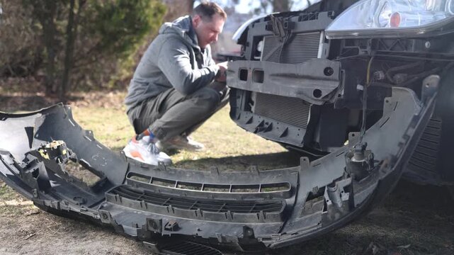 close up of the mechanic's hands, who removes the bumper of the car, he repairs the car.