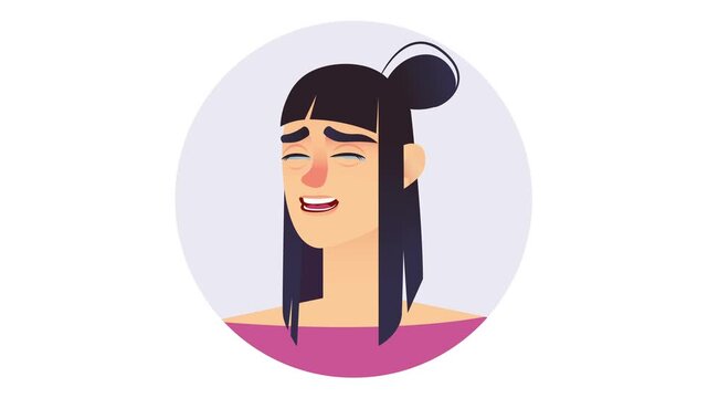 Sad woman crying with closed eyes in flat animation portrait illustration