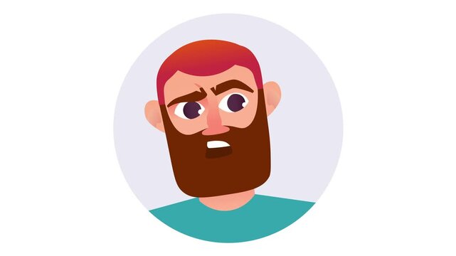 Animated surprised bearded man avatar in flat vector style, isolated