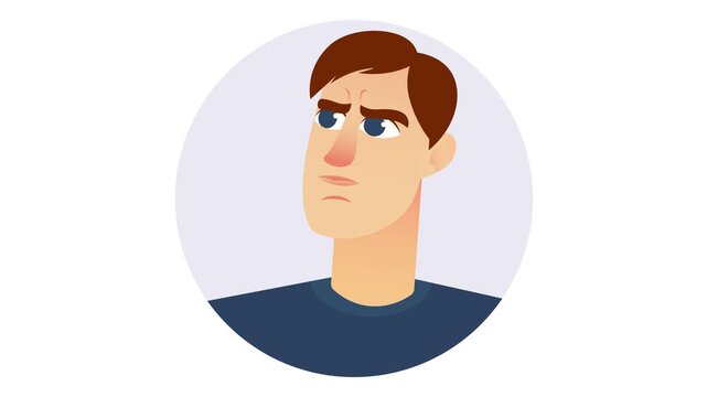 Flat vector animation of annoyed young man avatar portrait in circle