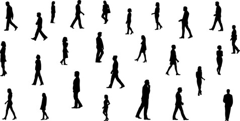 Fototapeta premium Diverse Group of Black Silhouettes of People Walking on White Background Keywords: people, silhouette, walking, group, diverse