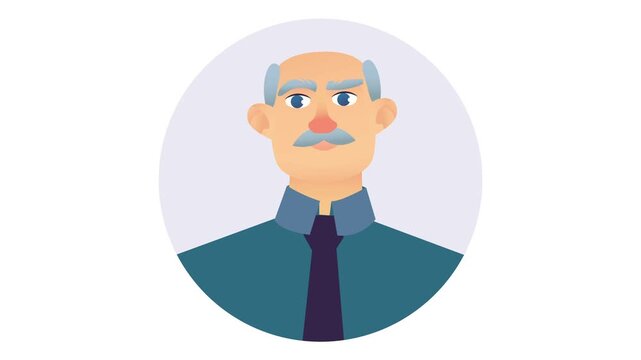 Animated elderly man avatar portrait with mustache in flat style