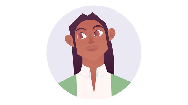 Animated female avatar portrait in circular frame, flat vector illustration