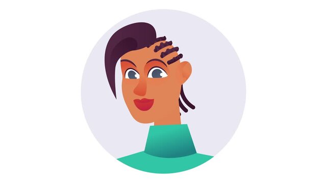 Animated portrait of smiling woman with braided hair and teal shirt
