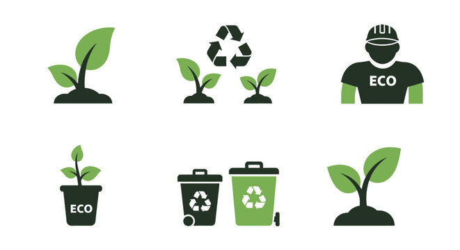 Green Eco and Recycling Symbols Set with Plants, Trash Cans, and Environmental Worker on Isolated White Background