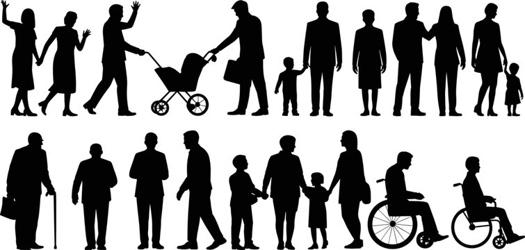 Silhouettes of people of different ages and abilities on a white background vector illustration