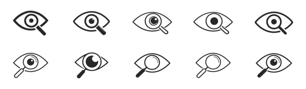 Eye icon set, vision and visibility symbols, open and closed eyes, minimal outline vector illustration on transparent background