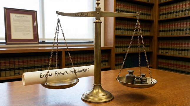 Scales of Justice balancing the Equal Rights Amendment scroll in a law office library.