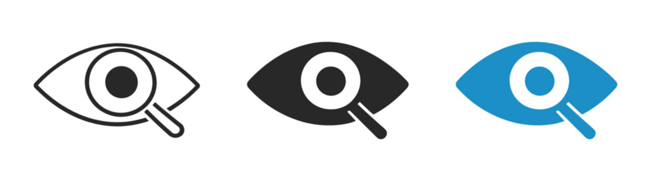 Eye icon set with magnifier, vision search and focus symbols, outline and solid vector illustration on transparent background