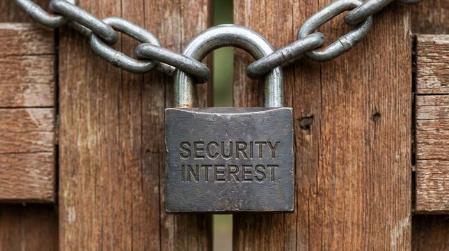 Security Interest concept shown with a padlock and chain on a rustic wooden gate.