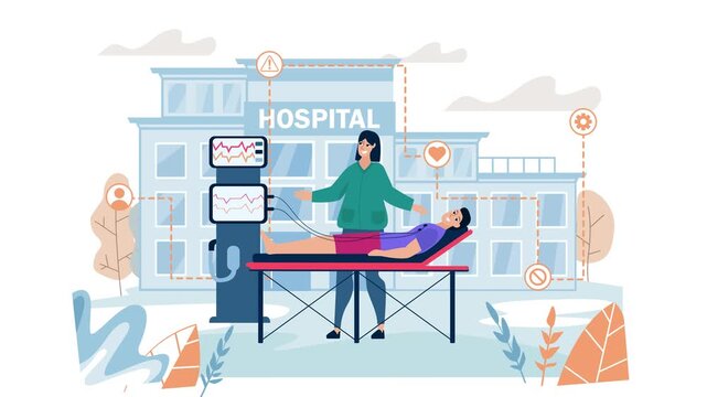 Hospital emergency treatment with patient on stretcher and monitor illustration