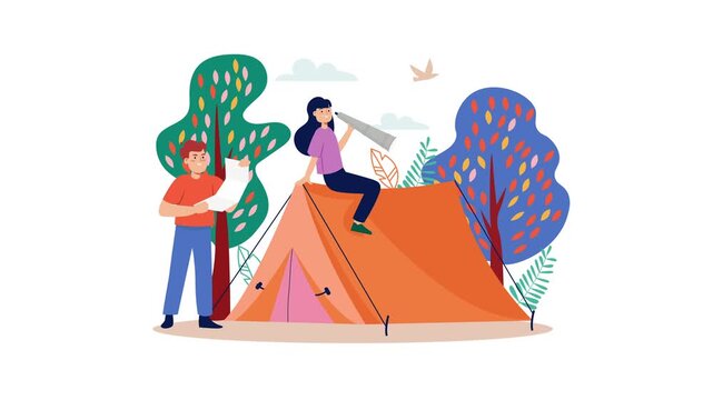 Animated camping adventure illustration with hikers, tent and telescope