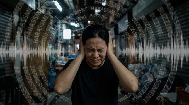 Stressed woman covers her ears in pain from overwhelming noise and sensory overload in a chaotic environment.