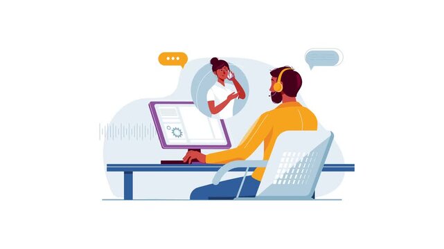 Animated customer support agent helping client via desktop chat