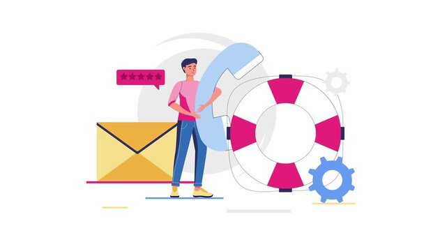 Customer support animation with email feedback, rating and service tools