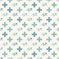 Naklejka premium Minimalist Medical Healthcare Seamless Pattern with Cross and Heartbeat 