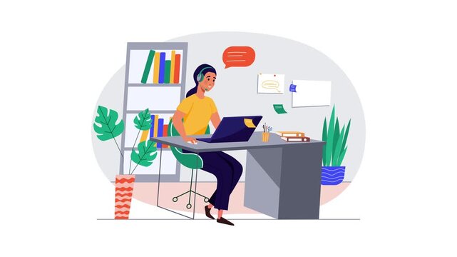 Woman working remotely with laptop and headset in home office animation
