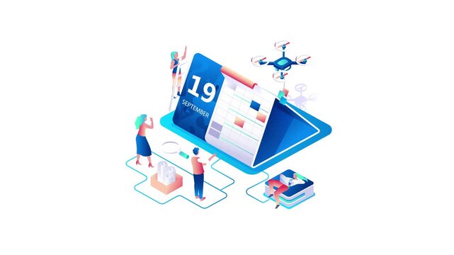 Animated isometric September 19 calendar planner with drone and people
