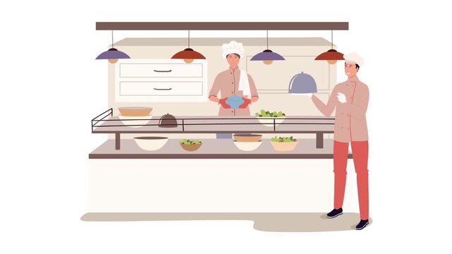 Animated chefs serving buffet dishes in modern restaurant kitchen