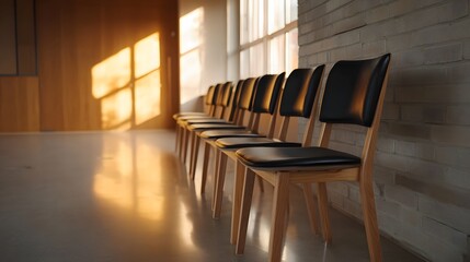 Row of modern wooden chairs in a minimalist room bathed in natural sunlight casting geometric shadows