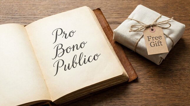 Pro Bono Publico phrase written in an old book next to a free gift on a wooden table.