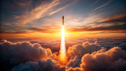 Fototapeta premium Rocket launch at sunrise with fiery exhaust over cloudy sky and golden light