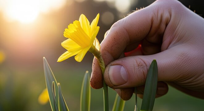 Hand holding blooming daffodil in garden during sunset, showcasing vibrant yellow petals and lush greenery. Daffodil represents renewal and beauty of spring,