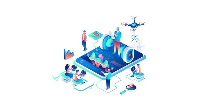 Isometric animated mobile analytics dashboard with drone and team