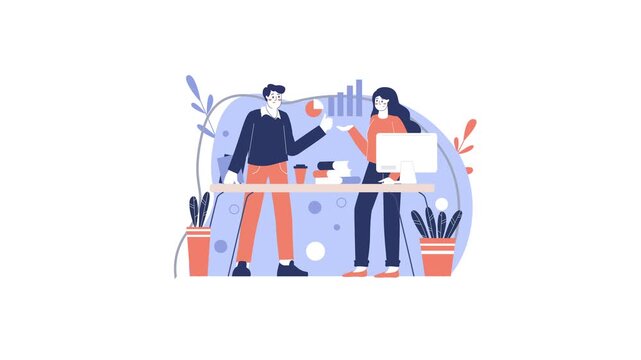 Business team shaking hands in modern office with computer and charts animation