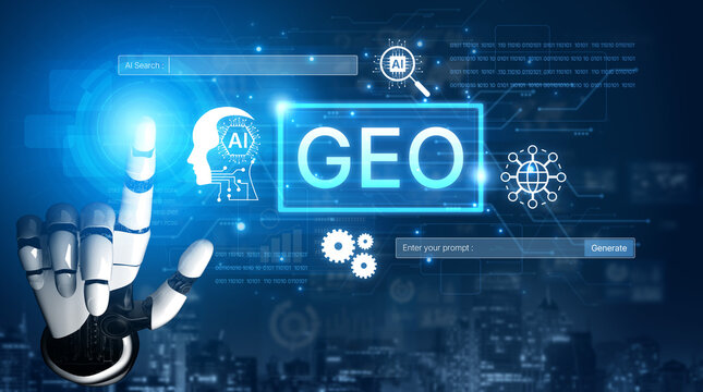 Digital marketing concept featuring GEO strategy. Generative AI search visual shows GEO interface integrating intelligence, logic, and AI input system for prompt tasks. Corpus