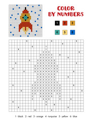 Thrilling and imaginative color by numbers activity page featuring a rocket ship blasting off through a starry night sky. For children's activity books, educational worksheets © dmitriylishik