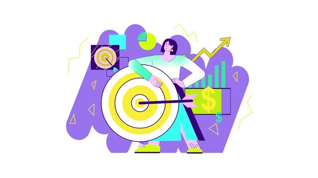 Woman hitting bullseye with dart and rising business charts animation