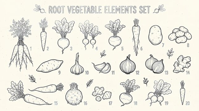 A detailed illustration of various root vegetables in a set