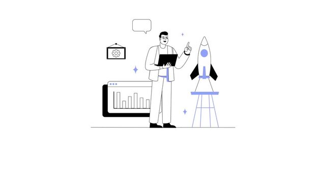 Animated startup founder presenting implementation challenge beside rocket