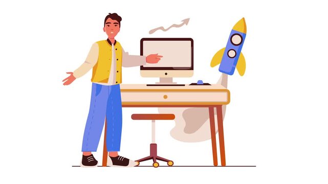 Animated startup growth concept with man presenting analytics and rocket