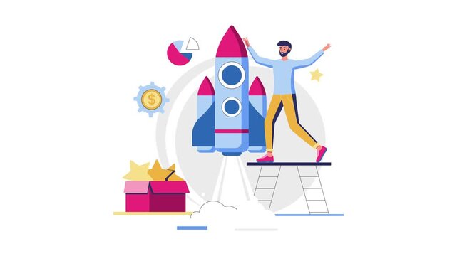 Startup growth animation with man celebrating beside rocket launch