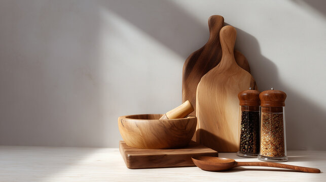 Minimal wooden kitchen set with cutting boards, mortar, spoon and spice grinders, natural home cooking concept, rustic culinary decor, clean neutral still life, organic kitchen acc