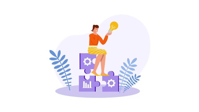 Woman holding light bulb on puzzle blocks with gears in animated concept