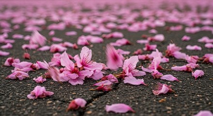 Obraz premium Vibrant pink flower petals scattered on pavement in spring setting. Beautiful pink blossoms lay among cracks creating a natural carpet. Concept for floral inspiration or spring-themed decoration.