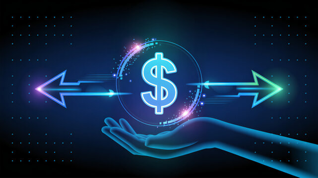 Digital dollar sign with glowing arrows showing financial flow isolated on transparent background