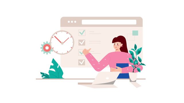 Animated woman managing checklist and time in browser workspace