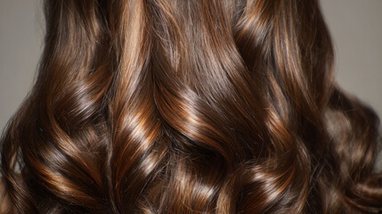 Fototapeta premium Brown hair close-up as a background. Women's long brown hair. Beautifully styled wavy shiny curls. Hair coloring. Hairdressing procedures, extension.
