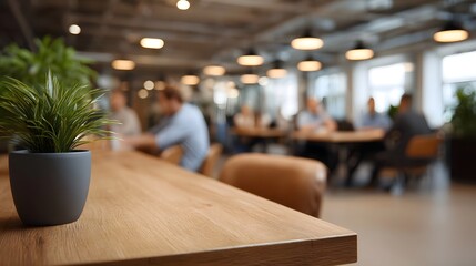 Blurred modern co working office interior showing people collaborating around tables with a potted plant in the foreground