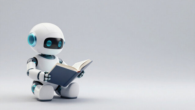 A cute, futuristic white humanoid AI robot sitting down and attentively reading a blue book. Clean, isolated background with high-quality 3D rendering.
