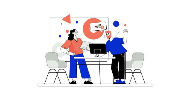 Animated office team discussing online payment strategy at desk