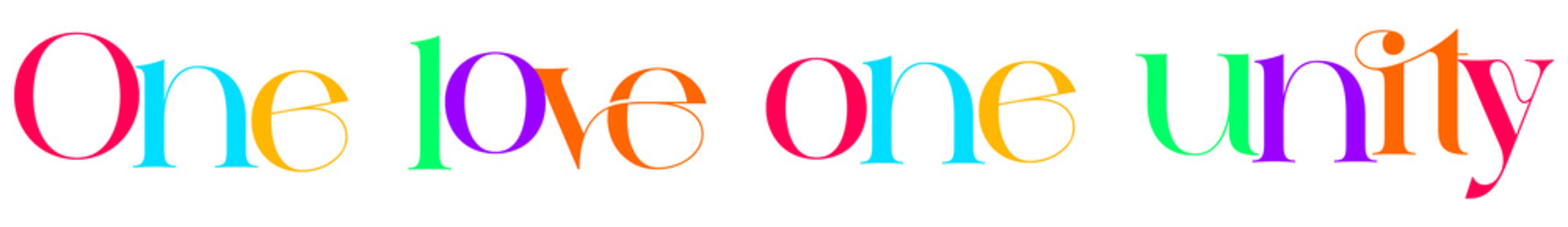 One love one unity inspiring quote with vibrant rainbow colors and unique font celebrating togetherness and shared human spirit promoting harmony peace understanding goodwill.