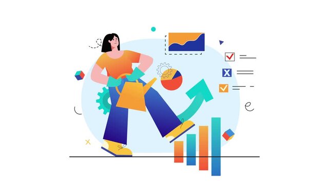 Animated woman driving business growth with charts and rising arrow
